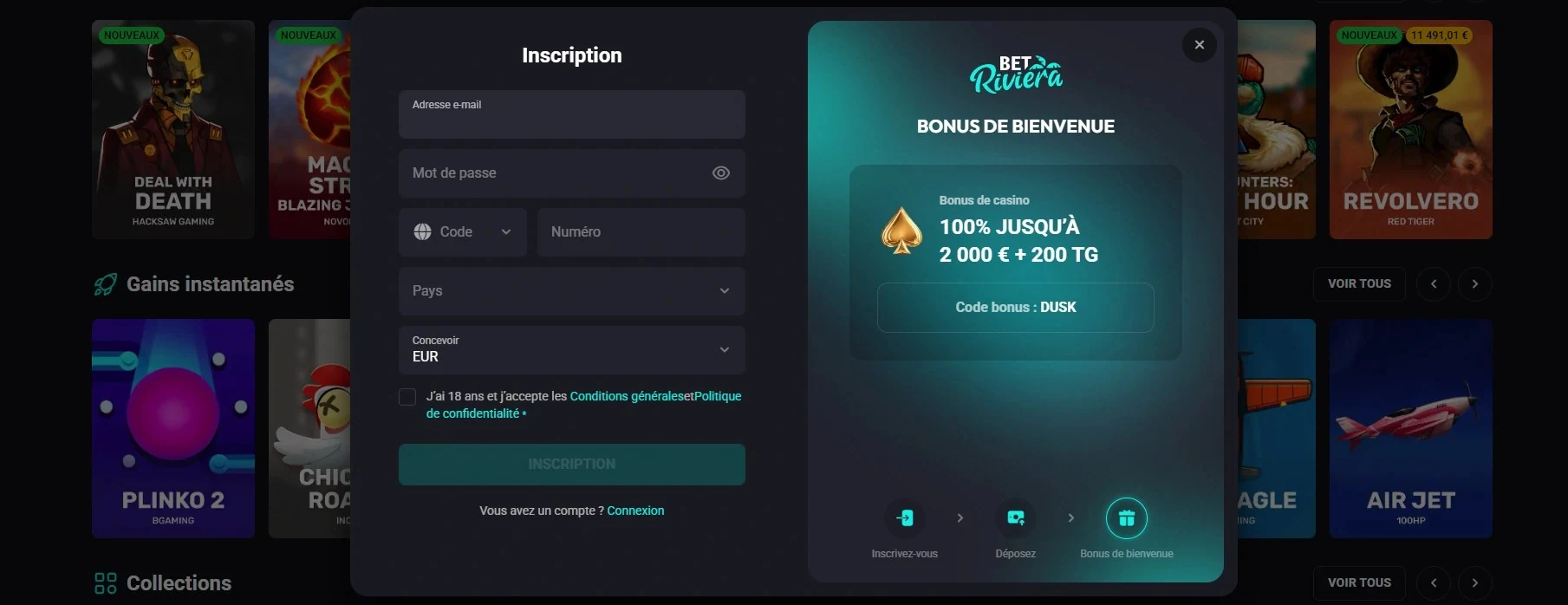 Créer un compte BetRiviera : formulaire d'inscription